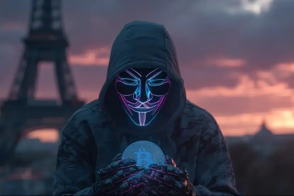 Une silhouette masquée et menaçante tenant une pièce de Bitcoin devant un coucher de soleil à Paris, symbolisant la montée alarmante des crimes crypto-physiques en France.