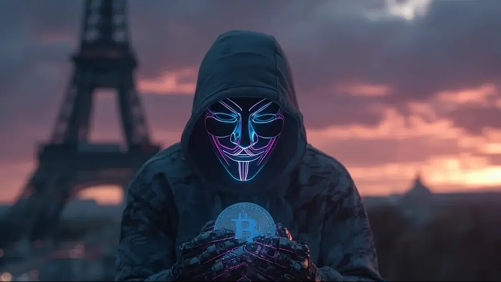 Une silhouette masquée et menaçante tenant une pièce de Bitcoin devant un coucher de soleil à Paris, symbolisant la montée alarmante des crimes crypto-physiques en France.